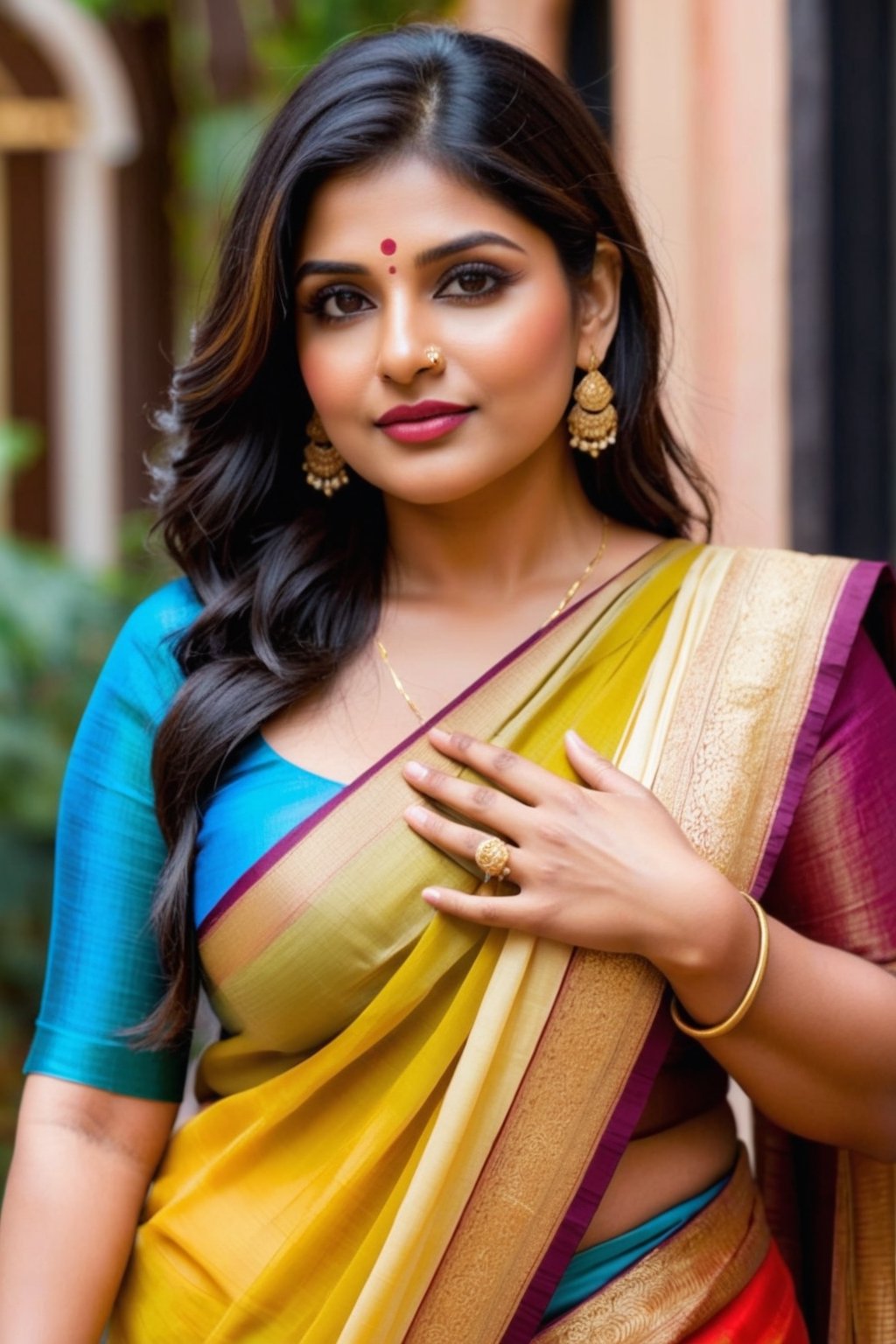 perfecteyes,  photo of a indian milf showing her chest,  gold digger by fourbitimage on Tensor.Art