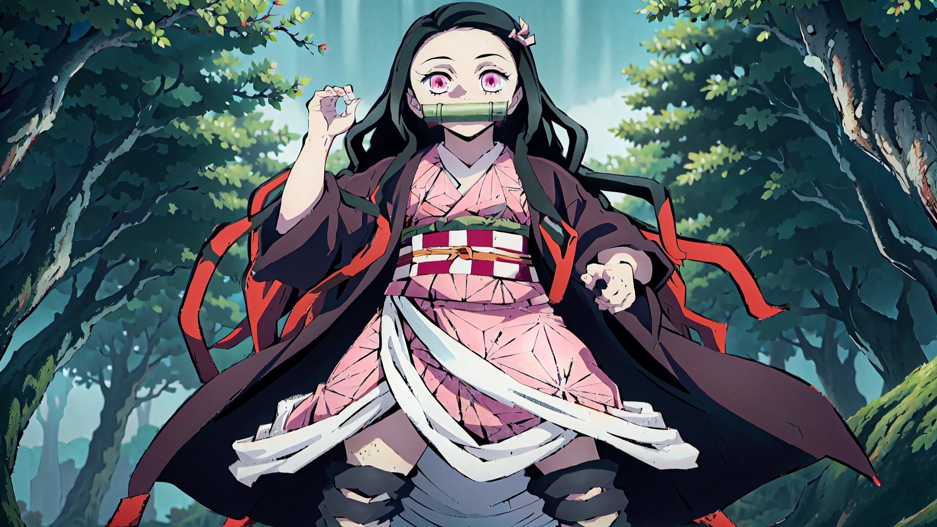 masterpiece, best quality, 1girl, nezuko, multicolored hair, pink kimono, bit gag, checkered sash, looking at viewer, in forest, perfect light, perfect hands 5 fingers, combat pose,perfect,hand,fingers