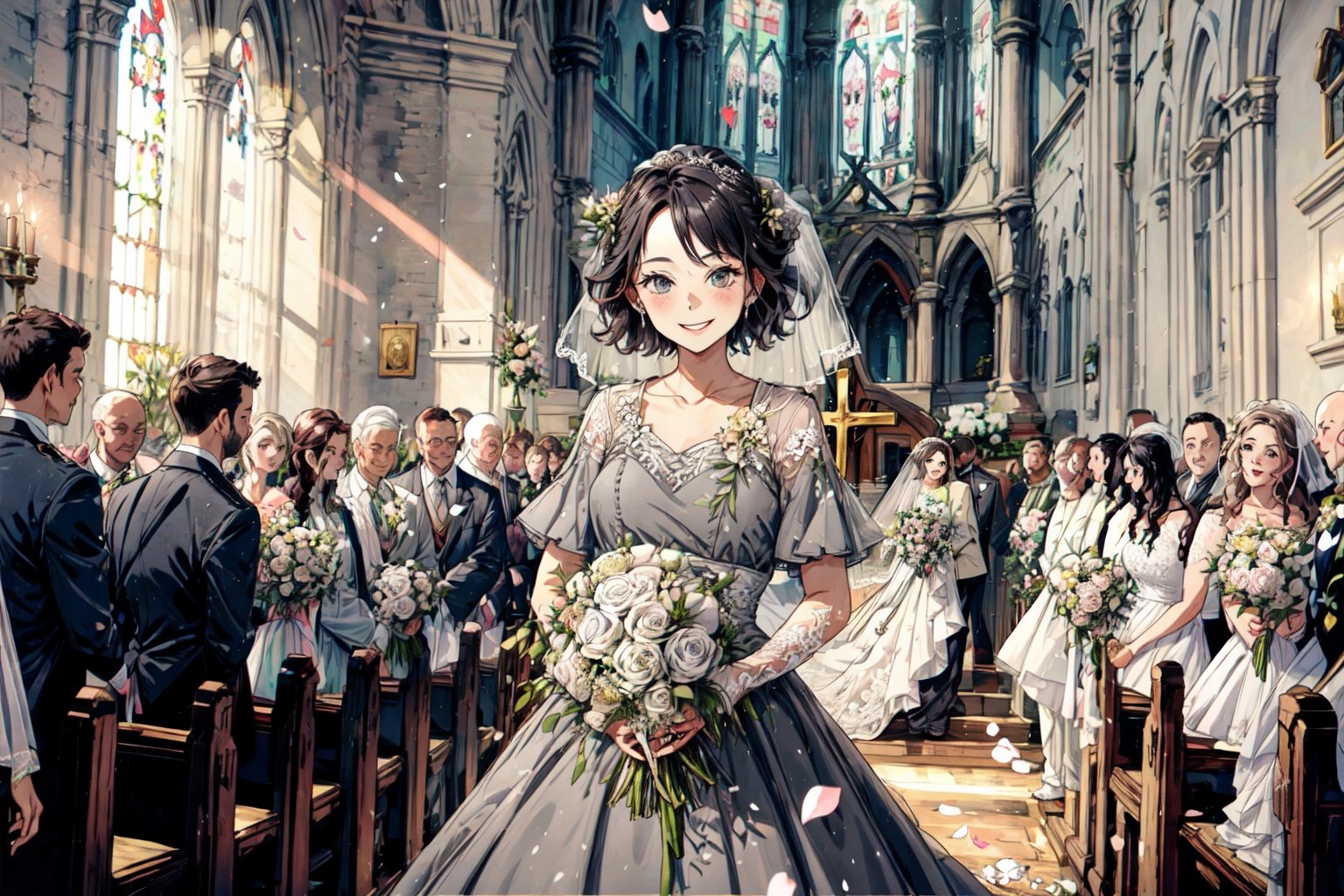 woman wearing a grey dress, holding wedding flowers, short hair, in the church, smiling