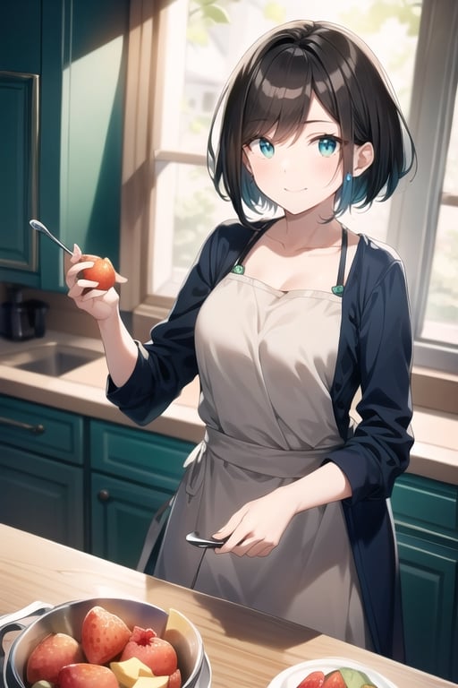 woman,  short hair, green eyes,  anime background,  smooth graphic, brown dress, glowing in the dark,  navy hair,  smile,  resolution 8k, kitchen, holding a spoon, eat fruit