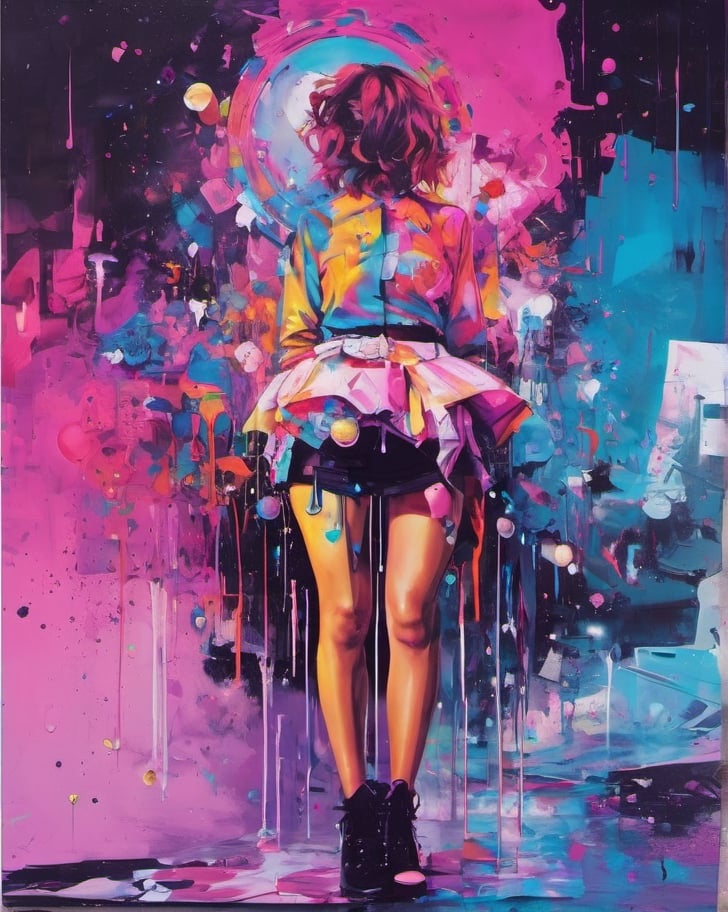 Abstract Pop Surrealism: A fusion of abstract, pop, and surreal styles brings forth a woman in a miniskirt, draped in a playful cosplay uniform, showcasing cute panties in a vibrant, dreamlike setting. ,sticker,dripping paint,roses_are_rosie,neon photography style,tshirt design,ice and water,tranzp,lego