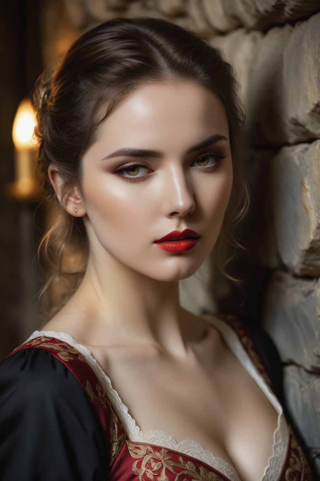 A sultry, intimate shot captures the maid's enigmatic allure: soft focus on her porcelain skin, warm golden lighting dancing across her curves, as she stands before a richly textured stone wall, adorned with ornate metal fixtures and subtle hints of crimson. Her gaze is downcast, yet her full lips seem to whisper secrets, while the delicate lace trim on her maid's uniform adds a touch of fetishistic flair to her tantalizing pose.