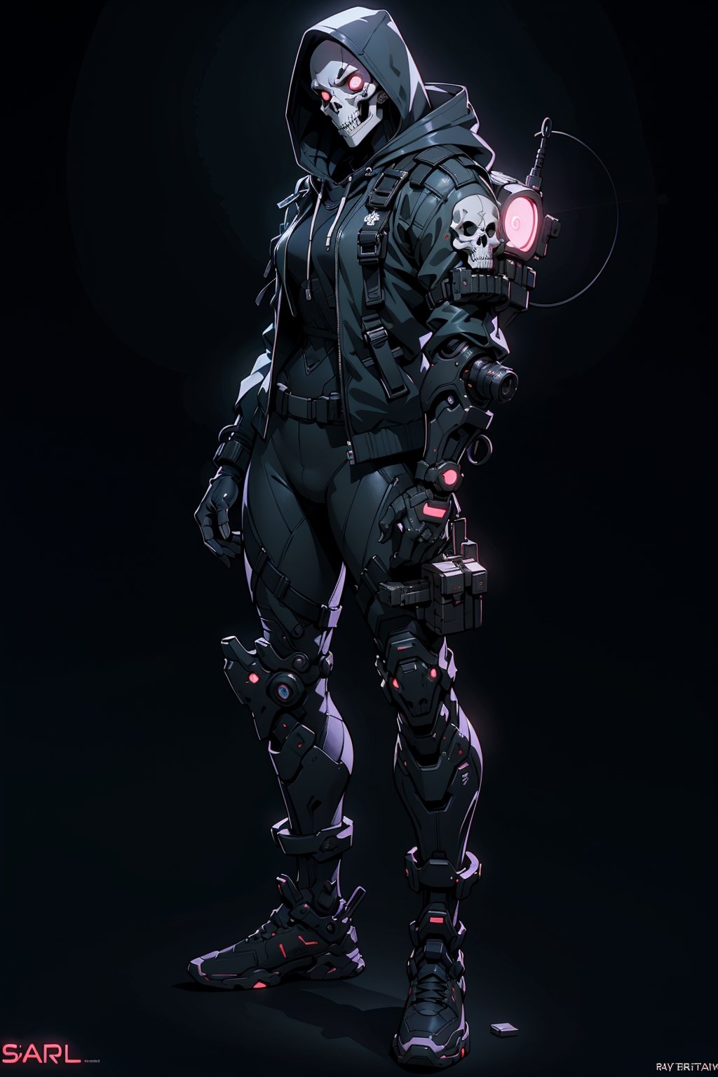 one black futuristic soldier , female body , metro neon lighting , 1960s style , full_body , black lighting , masterpiece , best quality , ultra detailed , (detailed background) , perfect shading  , high contrast , best illumination , extremely detailed , ray tracing , realistic lighting effects , "skull face mask" , hood , neon noir illustration , sharp fingertips , metro background