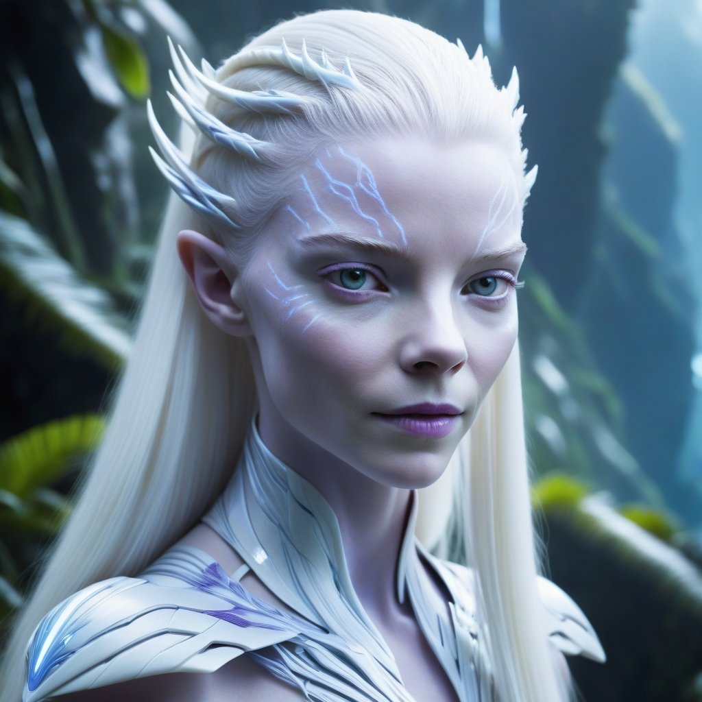 Anya Taylor-Joy portrayed as an albino Na'vi female, featuring stark white skin and albinism traits, with long, straight white hair cascading down her shoulders. Her eyes are a striking purple, enhanced with realistic_eyes and hyper_realistic details, reflecting a serene yet intense gaze. Her face is adorned with barely visible pale stripes, complementing the overall white color palette. She wears a gentle smile, revealing pointy teeth, enhancing her beautiful Na'vi features. The scene captures her in a dynamic action pose, set against a lush, alien backdrop, viewed in a portrait and profile view to showcase her delicate yet strong profile. The image is rendered in HDR, 4K quality, ensuring extreme details and perfect clarity, suitable for a high-definition movie scene.