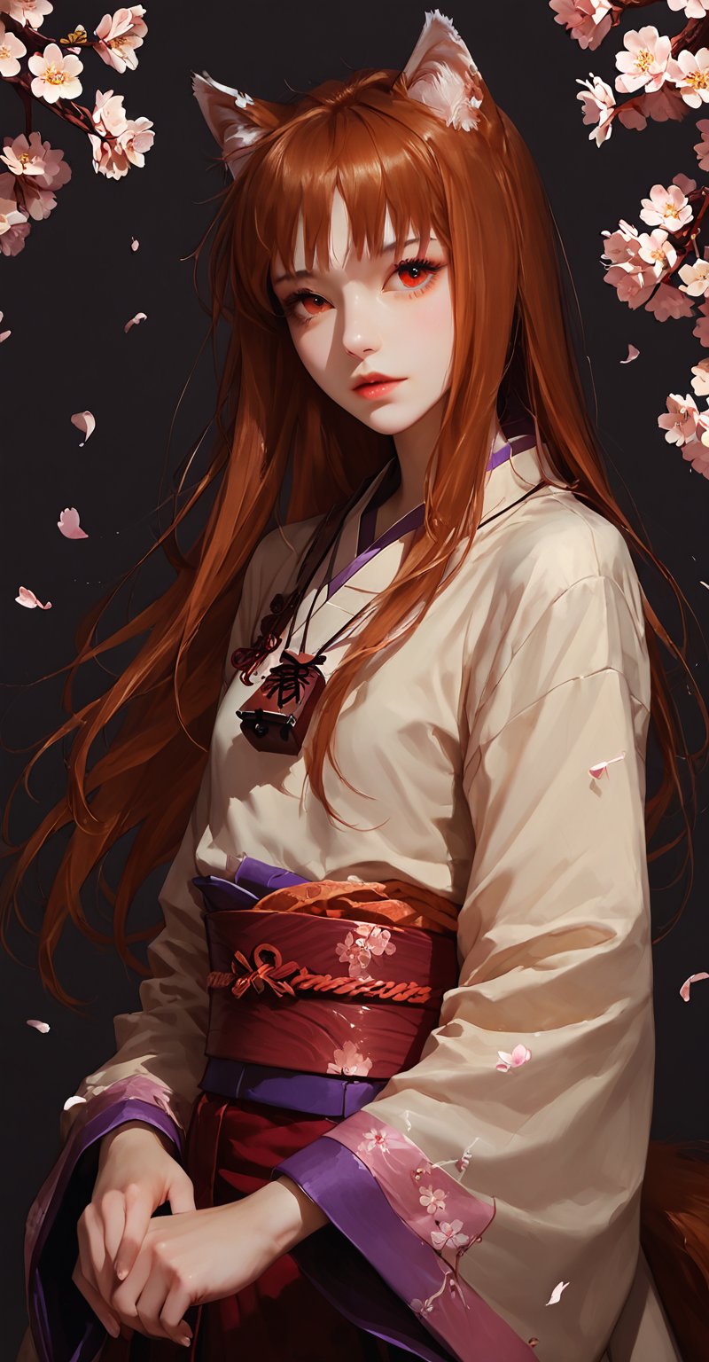 score_9, score_8_up, score_7_up, In a serene Japanese garden, a cyborg geisha stands amidst blooming cherry blossoms. Holo, wolf ears, wolf tail, bangs, brown hair, Her high-gloss white plastic body glimmers in the soft light, reflecting the vibrant hues of the surrounding flowers. The beautiful woman's photorealistic features are framed by a traditional kimono, its delicate patterns and fabrics subtly contrasting with her synthetic skin. As she poses, her android gaze is both alluring and unsettling, blending the boundaries between human and machine.,olohpnxl, holo