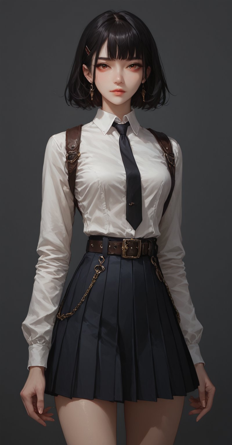 score_9, score_8_up, score_7_up, A young woman with long, black hair and blunt bangs stands confidently, her piercing gaze directed at the viewer. Her pleated skirt falls to her ankles, paired with a white collared shirt and matching jacket adorned with a black necktie. Her medium-length hair cascades down her back, framing her striking features. She dual wields katanas, their blades glinting in the light as she stands tall, her closed mouth exuding determination. A belt cinches at her waist, emphasizing her toned physique beneath her long sleeves and flowing skirt.