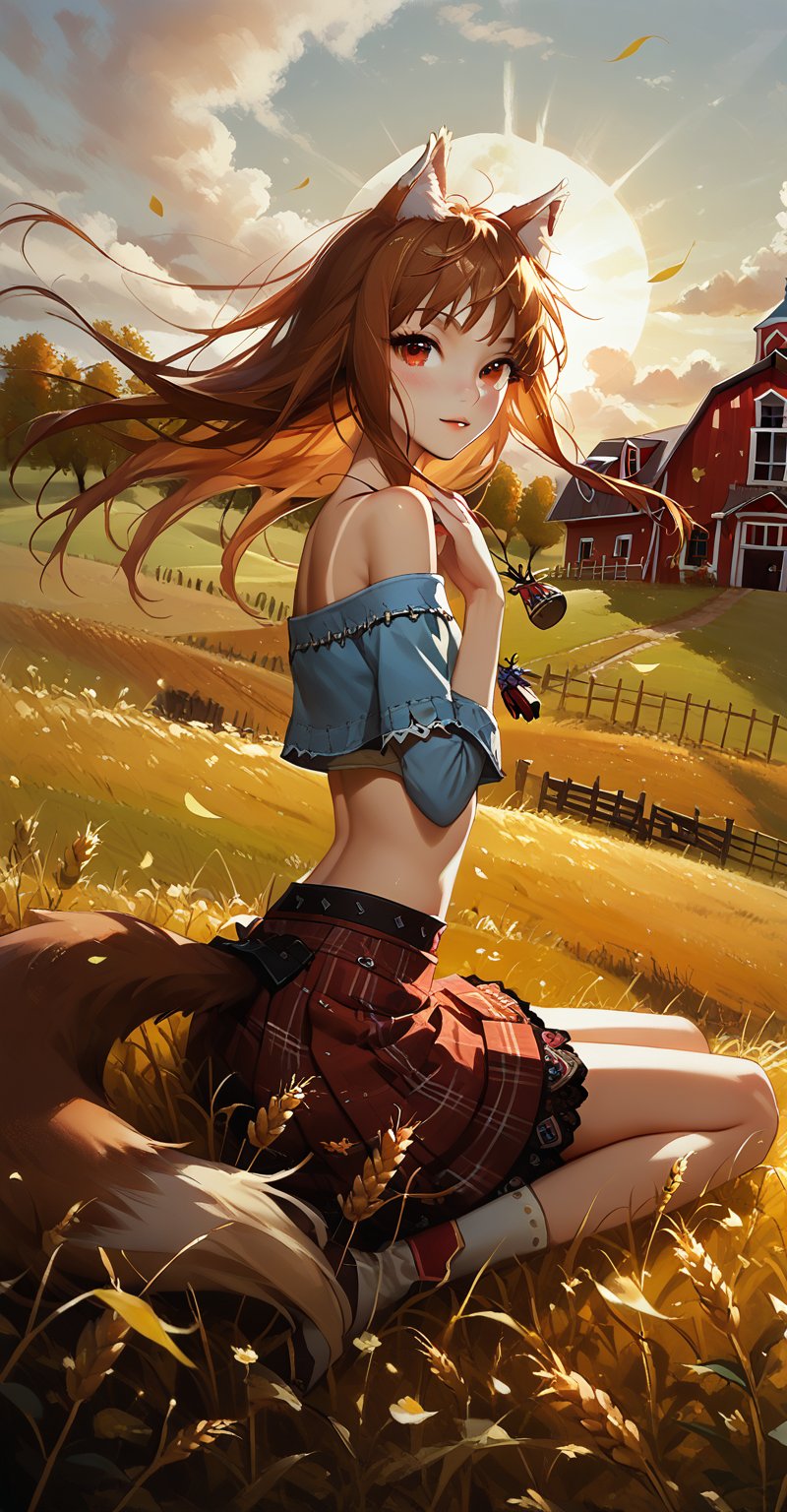 score_9, score_8_up, score_7_up, 1 Holo girl, farmer, field, wheat, shiny skin, blush, beautiful face, beautiful eyes, bangs, brown hair, wolf ears, wolf tail, neckline, tan lines, Dutch angle, red nail polish, sunlight, wind, flying leaves, sunny flowers, wheat field, lying on his side, lying on a haystack, looking at the viewer from behind, posing, Expressive look, cropped off-the-shoulder top, skirt, ruffles, jewelry, belly, farm, field