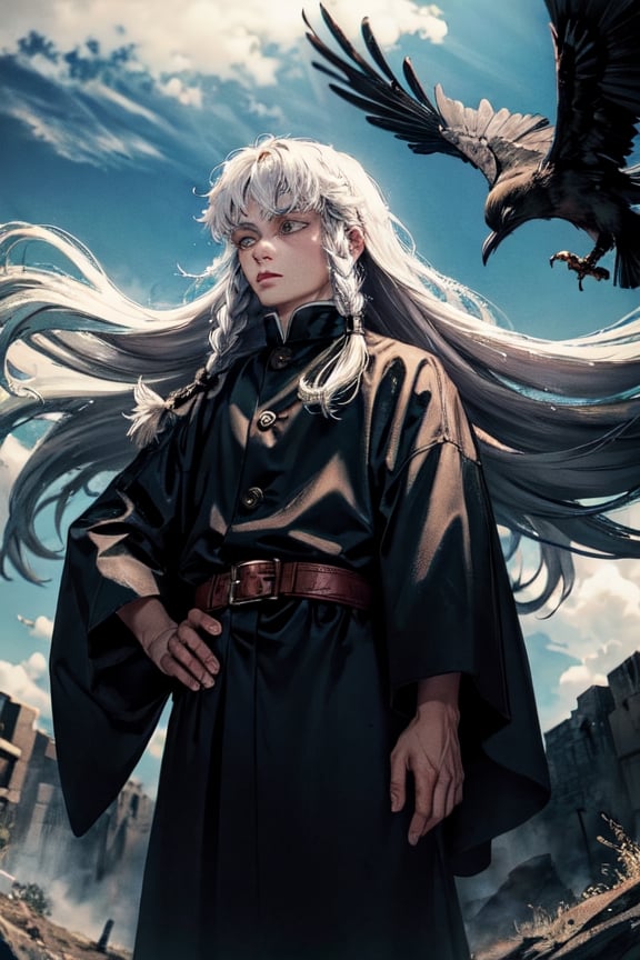 white long haired man with a raven