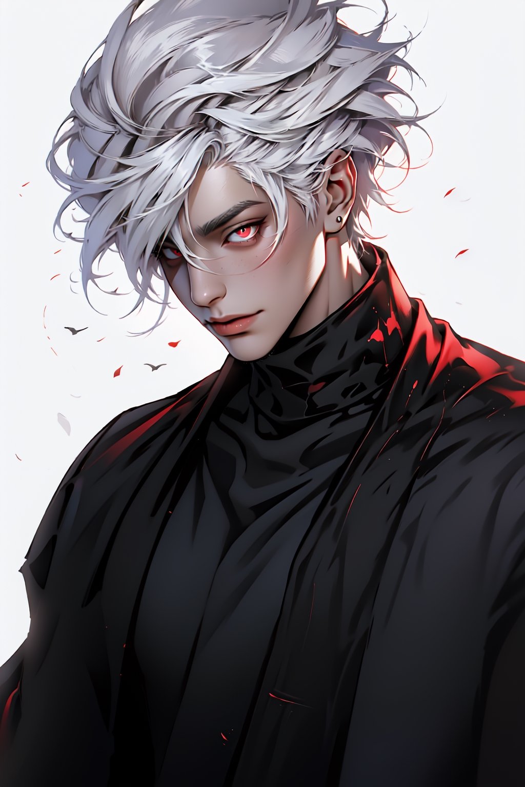 man with white haired and red eyes and wolfcut haired using grey crewneck in white background