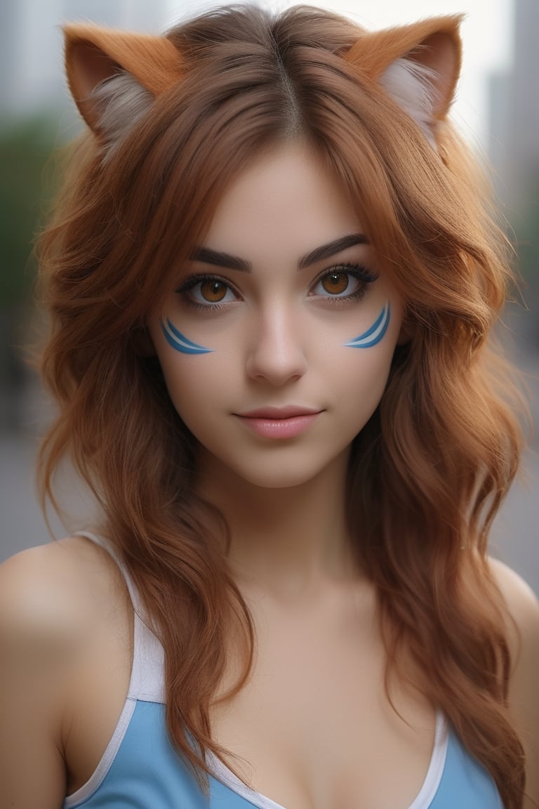 una obra hiperrealista, una chica de 21 años, de procedencia argentina, ella se encuentra tomándose una selfie con un celular de alta gama, esta vestida de cosplay de chitara de la serie Thundercats  .imagen real de señorita argentina hermosa ojos celestes, piel blanca, cabello Lazio castaño. 8k alta definición , fondo claro, no distorsionado ".