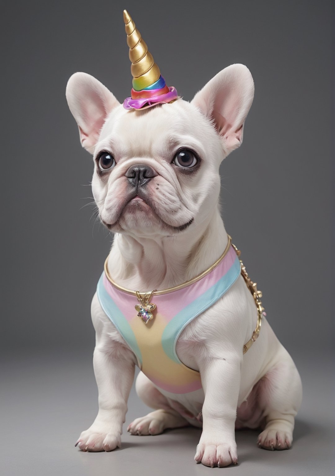 
 
"Create a female AI character with the following features:
 
- Height: 1.10 meters
- Eyes: Almond-shaped, second-degree, Korean-style
- Physique: Slim
- Outfit: Wearing a unicorn-themed t-shirt with a rainbow.
- Accessories: Holding a French Bulldog puppy.
 
Ensure that the character embodies the described features and captures the playful and cute essence of the unicorn-themed outfit and the adorable French Bulldog puppy."
 