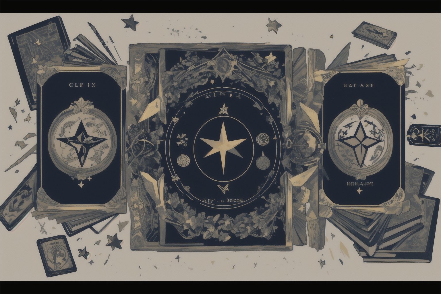 Card design, with a five-pointed star in the middle of the screen, collection point cards, and books surrounding it