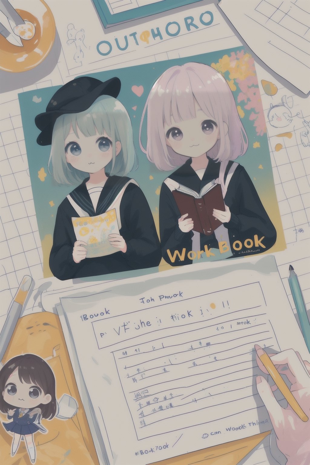 Book cover, workbook, homework sign-in, cute, book, design, (there are two cute students in the middle writing homework, handing in the homework and reviewing carefully),chibi,kawaii,tonghuazhen,portrait