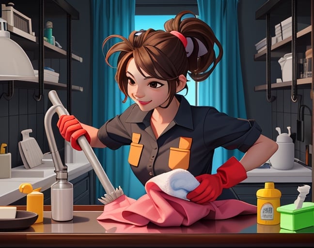 image of a happy full-body woman doing cleaning, medium build, beautiful brown hair, black eyes, well-defined facial features, dressed in clothes to do cleaning at home