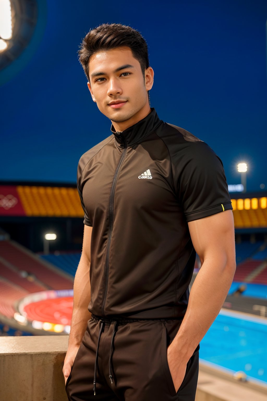 Imagine a scene where a 23-year-old mixed Indonesian-European man stands inside an Olympic stadium, wearing a sporty-looking tracksuit. The stunning backdrop shows the inside of the stadium in the afternoon, creating an alluring atmosphere.

In this highly detailed (half-length) and photorealistic studio shot, the man is perfectly captured from head to toe. The indoor stadium backdrop is brilliantly lit, ensuring no distractions from the yellow light. The image is a masterpiece of photography, displaying top quality, extreme realism, and careful nuance. Every detail is razor-sharp, with the focus on the man’s handsome face, which is flawless, just a little muscular, and exudes masculinity.

Imagine the subject’s attributes: standing 180 cm tall, fit, with a light brown complexion that complements his Asian skin tone. His black hair, neatly parted on the left, adds a sophisticated touch, dark brown eyes, a charismatic smile, and an oval face with slightly chubby features.

The camera settings employed to capture this vibrant and detailed image include the Canon EOS 5D Mark IV, equipped with an 85mm f/1.8 lens, set at f/4.0, ISO 100, and a shutter speed of 1/500 sec. The result is an extremely realistic portrayal, showcasing the handsome man against the enchanting backdrop of a city bathed in the glow of nighttime lights.