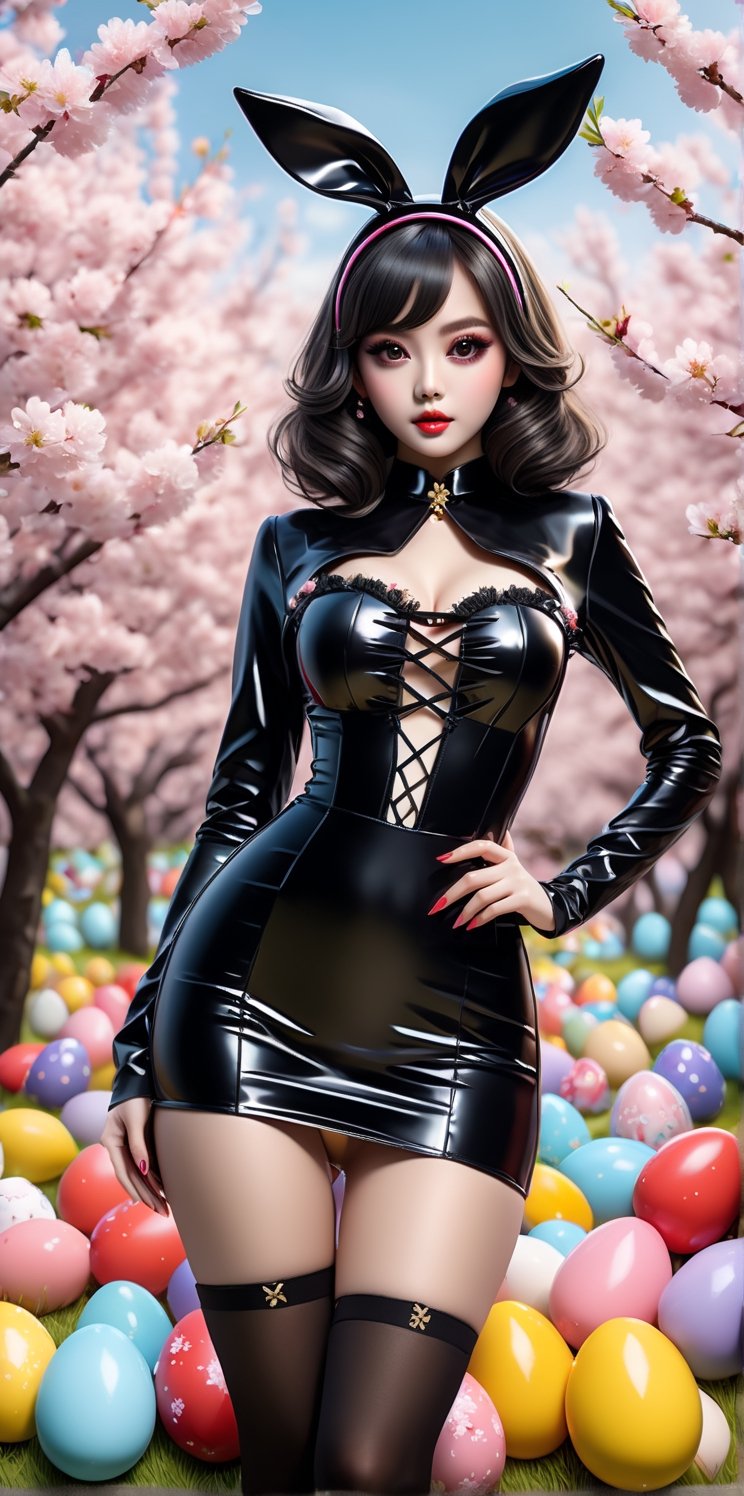 Masterpiece, newest, 4K, ultra detailed, ((solo)), full body, anime style, sexy girl with glamorous makeup and big detailed eyes, wearing black Playboy bunny costume in Easter eggs hunt, cherry blossom, more detail XL, SFW,dal