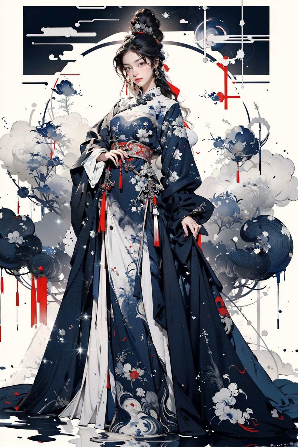 8k, (absurdres, highres, ultra detailed), (1 girl:1.3), curly long hair, EpicArt,Chinese ink paint, ((colorful water inkSpot)) ,black and white,Chinese style, burgundy-blue theme, full body,chinese_clothes,ink splash,ancient_beautiful