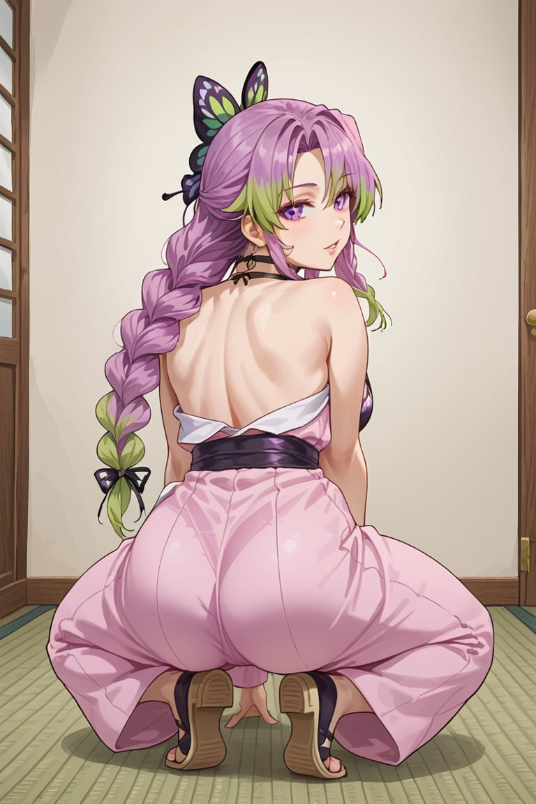 girl full body pose female excited ahegao face tongue out,shinobu kochou,butterfly hair ornament,mitsuri kanroji,green eyes,green hair,gradient hair,long hair,mole,mole under eye,multicolored hair,pink hair,braid side back pose