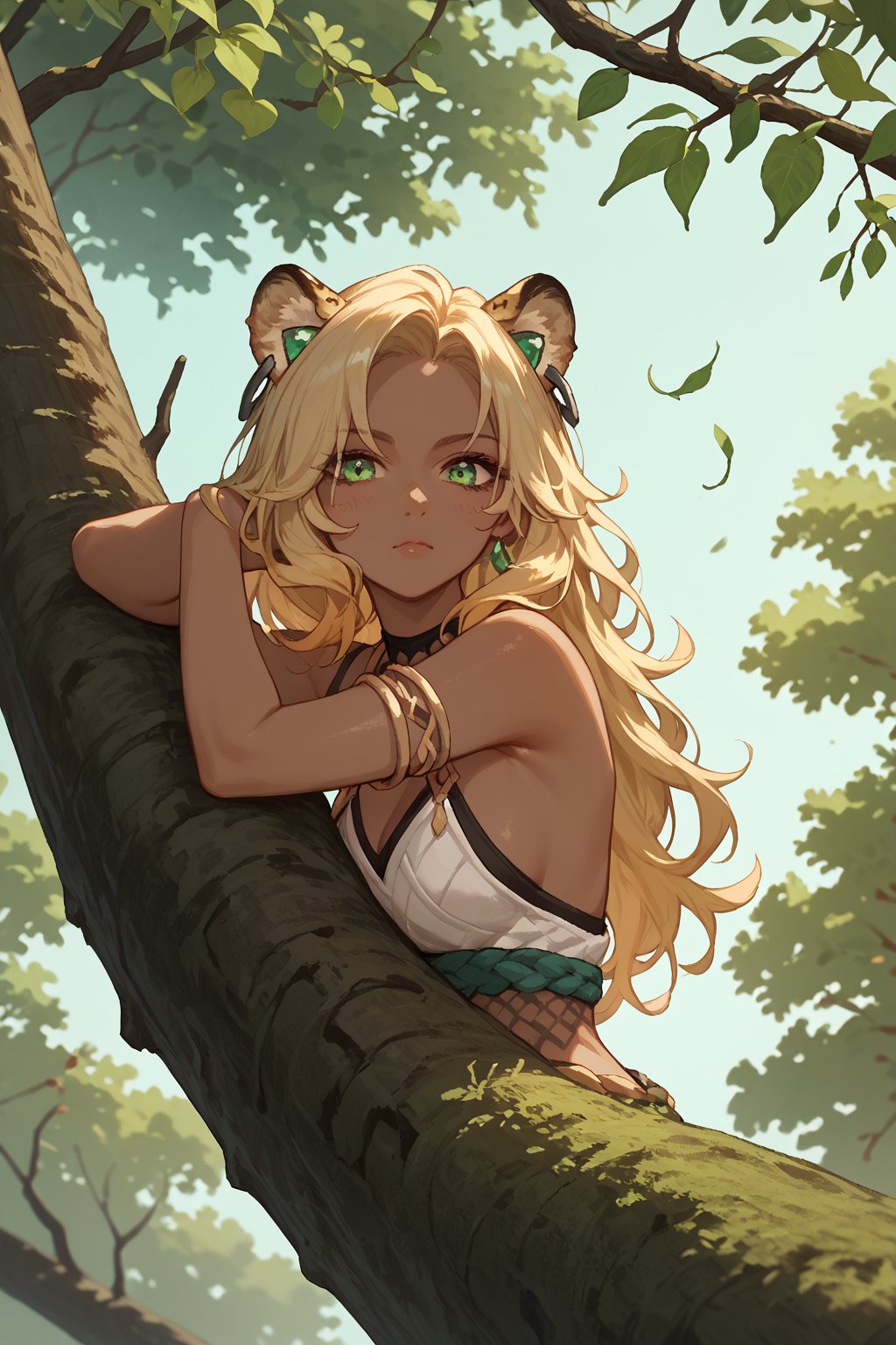 score_9, score_8, score_7, score_7_up, score_8_up,1girl,solo,xilonen-gi,green eyes,blonde hair,animal ears,leopard girl,dark skin, on tree branch, 