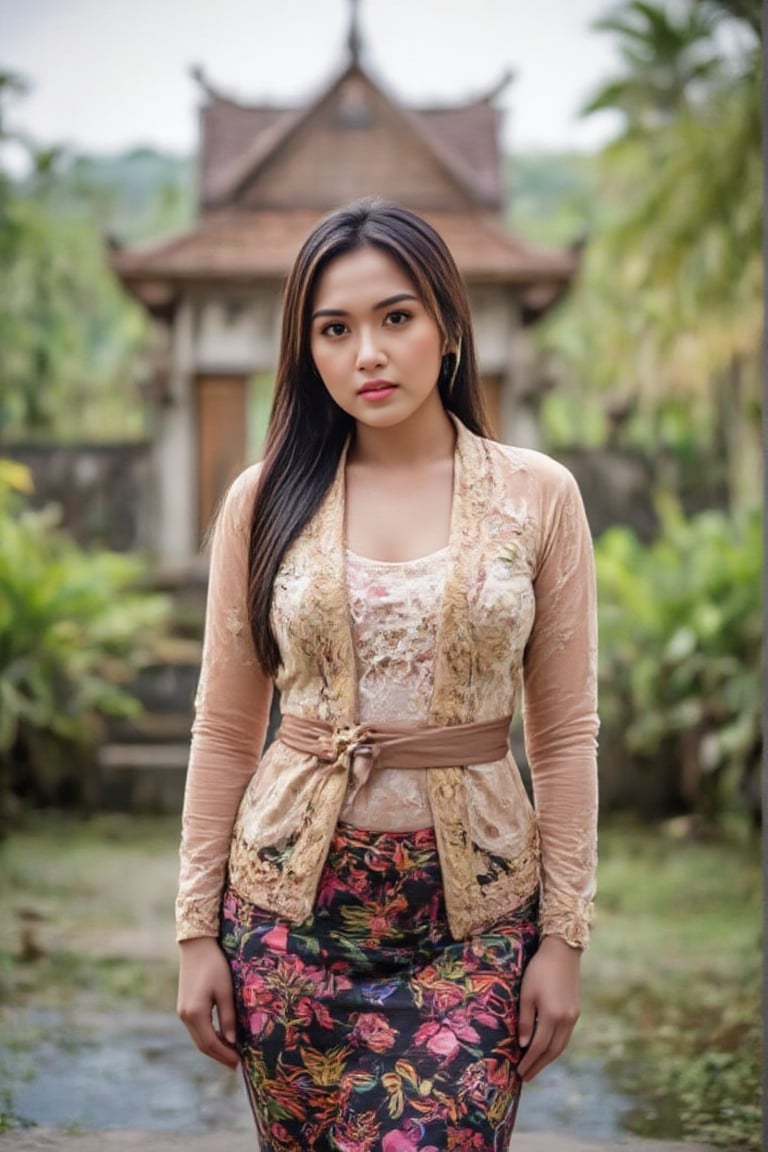 Beautiful close up photo Lia model dressed in kebaya bali ('kebayabalilia'), strikes a graceful pose against the backdrop of a breathtaking Bali temple ceremony, as vibrant colors dance across the sky during a serene seaside ceremony. xkebayabalihan,Enhanced all,Kebayabalilia