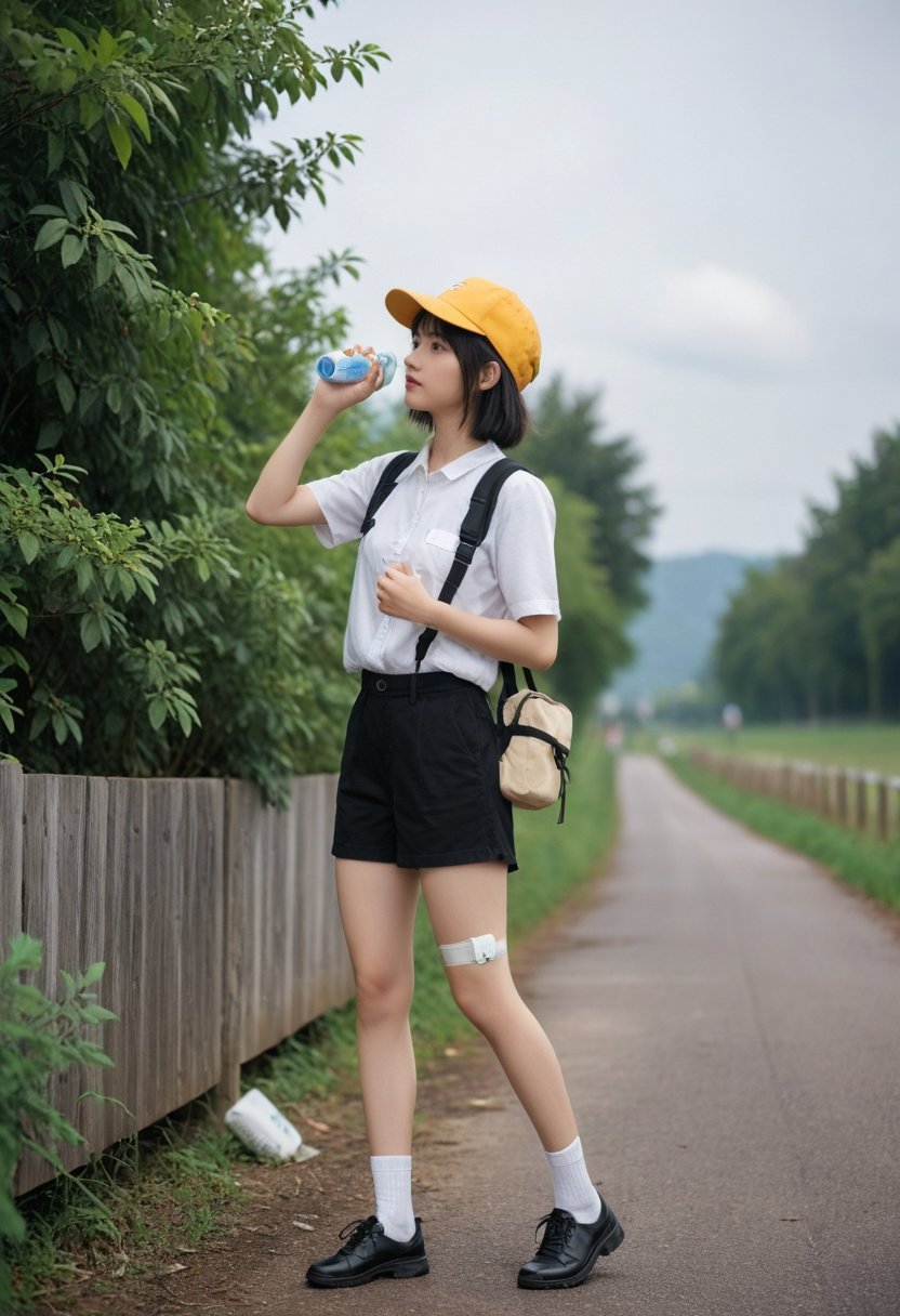 1girl, solo, short hair, shirt, black hair, hat, holding, standing, white shirt, short sleeves, sweat, outdoors, sky, shorts, day, socks, cloud, medium hair, bag, profile, leaf, black shorts, backpack, bottle, plant, white socks, bandaid, fence, holding bottle, water bottle, bandaid on leg, yellow headwear, bandaid on knee, vending machine