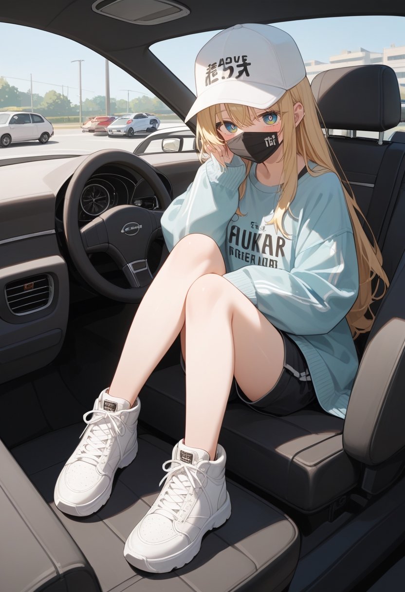 score_9, score_8_up, score_7_up, source_anime, rating_safe, 

1girl, solo, long hair, blonde hair, shirt, long sleeves, hat, sitting, shoes, shorts, legs, sleeves past wrists,  tattoo, mask, white footwear, ground vehicle, sneakers, clothes writing, motor vehicle, car, car interior