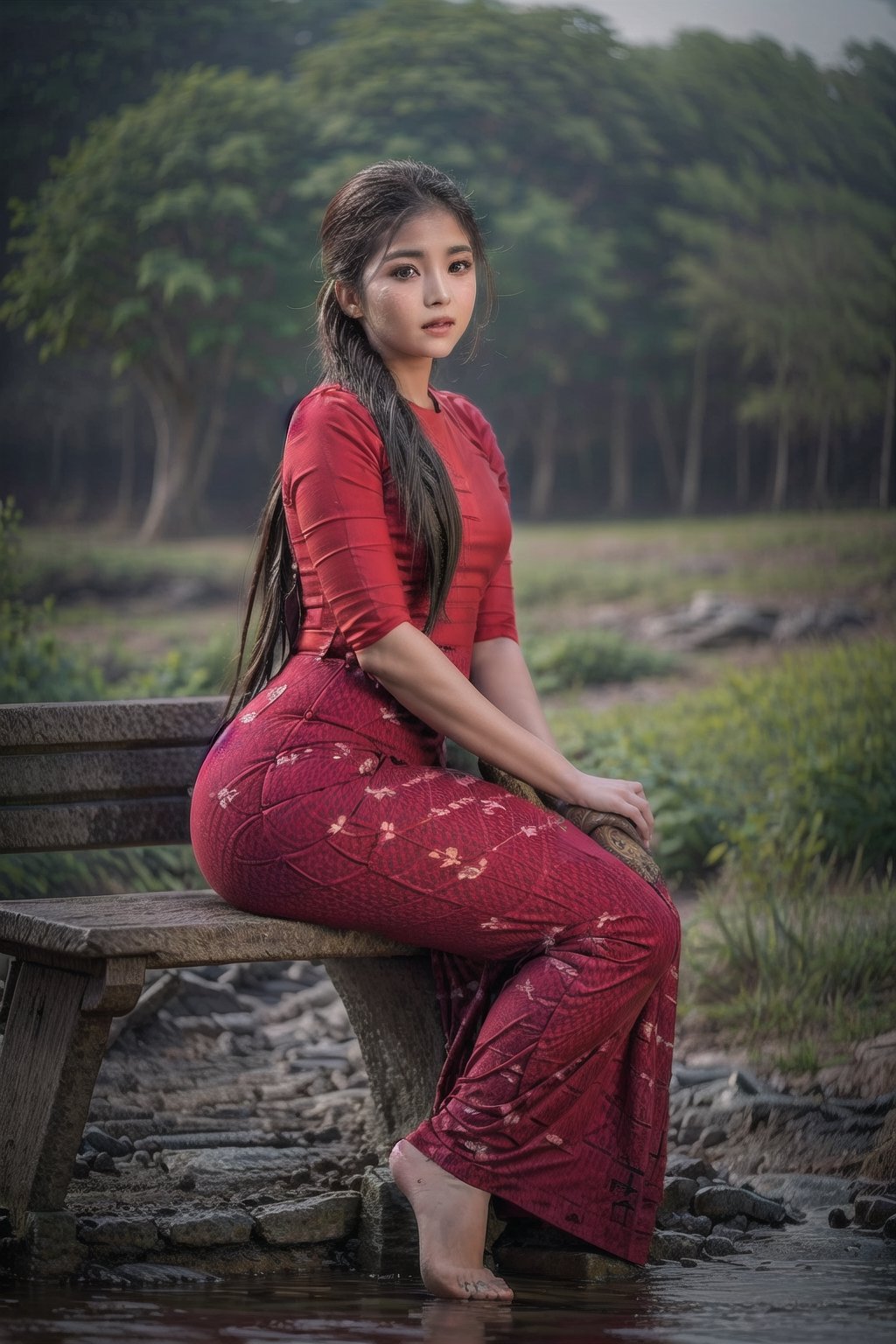 masterpiece, ultra detailed, high quality, 1girl, ( parted lips), detailed lips, sitting in bench, (solo), wide shot, scenery, full body, hair between eyes, long straignt hair, acmm ss outfit,Myanmar, Burmese