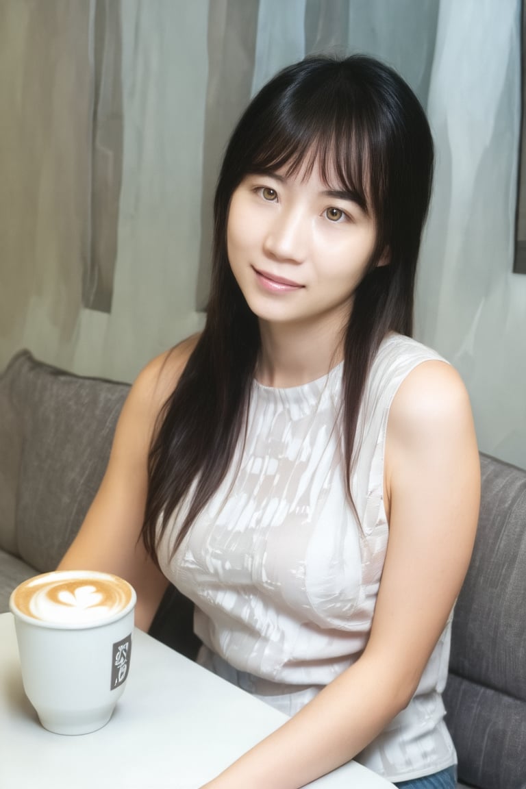 A beautiful young Japanese woman is sitting on the sofa seat of empty cafeteria , at tabel one  cup of hot latte. This woman's skin is quite tanned and covered with sweat,masterpiece,best quality,ultra detailed face,ultra detailed,4k,green eyes,green_eyes,Glow,Face,Neon