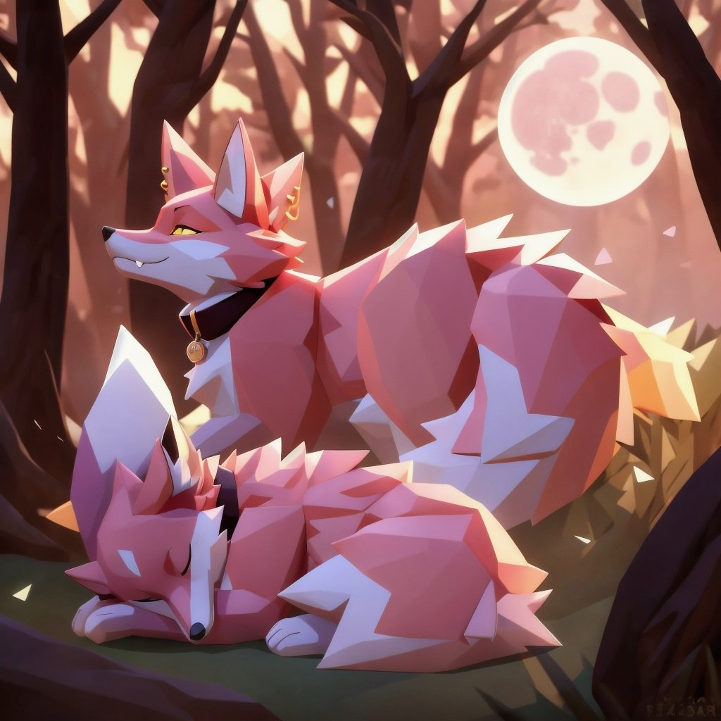 low polygon fox, pink fur and countershading, pink hair, pink tail, yellow eyes, visible fox paws, have collar, is sleeping, visible fangs, have piercings, background, shadow, moon light, reflected light on the fur, looking at the viewer, backlighting,masterpiece, shaded, high detail, low poly res, low poly style,Spirit Fox Pendant