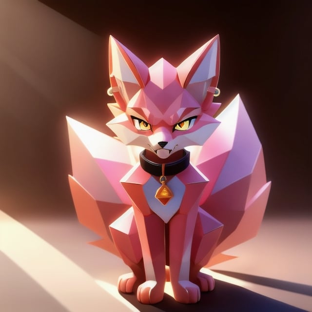 low polygon fox, pink fur and countershading, pink hair, pink tail, yellow eyes, visible fox paws, have collar, is angry, visible fangs, have piercings, background, shadow, sunlight, reflected light on the fur, looking at the viewer, backlighting,masterpiece, shaded, high detail, low poly res, low poly style,Spirit Fox Pendant