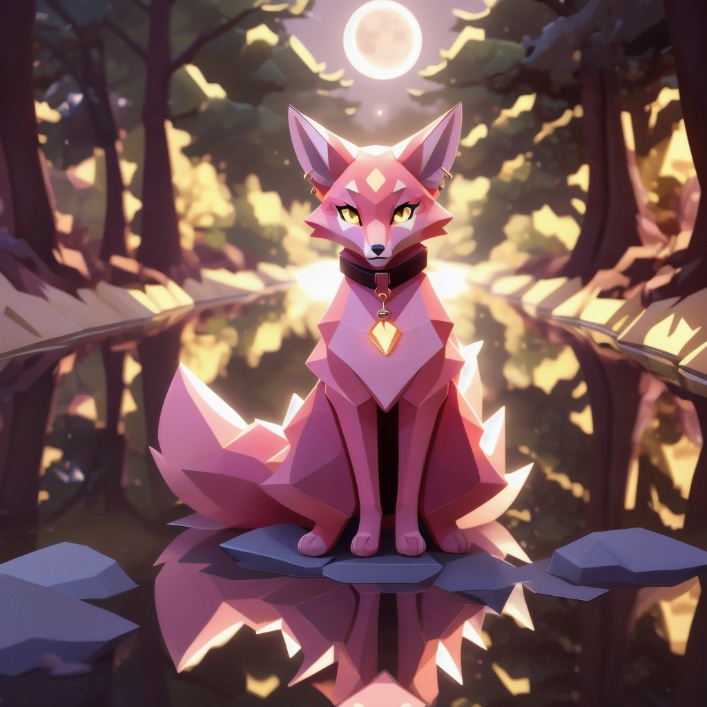 low polygon vixen, pink fur and countershading, pink hair, pink tail, yellow eyes, visible fox paws, have collar, is drinking near a river, have piercings, background, shadow, moon light, reflected light on the fur, backlighting,masterpiece, shaded, high detail, low poly res, low poly style,Spirit Fox Pendant