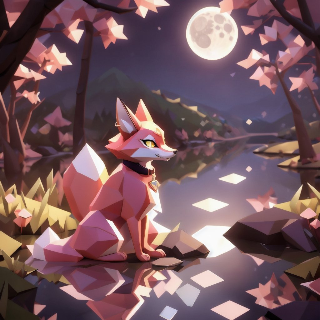 low polygon vixen, pink fur and countershading, pink hair, pink tail, yellow eyes, visible fox paws, have collar, drink near a river, visible fangs, have piercings, background, shadow, moon light, reflected light on the fur, backlighting,masterpiece, shaded, high detail, low poly res, low poly style,Spirit Fox Pendant