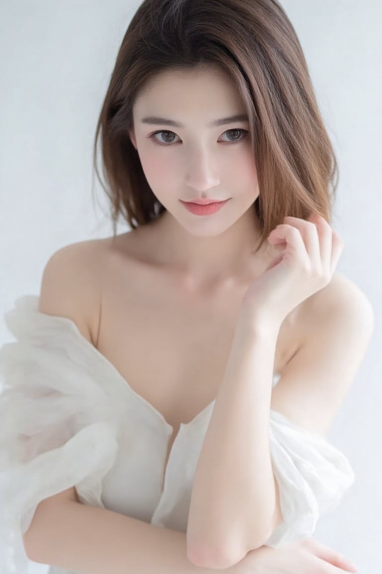 
A hyper-realistic image of a stunning Japanese woman beauty pose confidently against a pure white background. She has long, flowing brunette hair that cascades over her shoulders in soft waves, framing her delicate features. Her eyes are warm and expressive, her cheeks softly flushed, and her radiant smile exudes a gentle, inviting charm.

