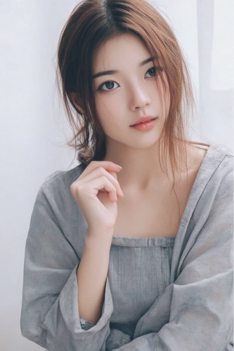 
A hyper-realistic image of a stunning Japanese woman beauty pose confidently against a pure white background. She has long, flowing brunette hair that cascades over her shoulders in soft waves, framing her delicate features. Her eyes are warm and expressive, her cheeks softly flushed, and her radiant smile exudes a gentle, inviting charm.

