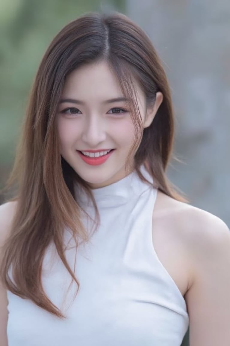 Model : Flux.1
Prompt :

a young Asian woman with long brown hair, wearing a white sleeveless blouse and a white choker around her neck. She is smiling, her lips are painted a vibrant red. Her hair cascades over her shoulders, adding a pop of color to her face. The backdrop is blurred, suggesting a natural setting.
gray bg