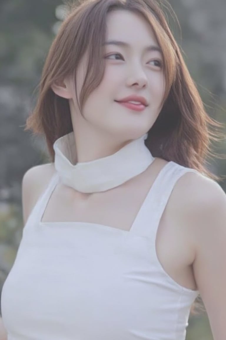 Model : Flux.1
Prompt :

a young Asian woman with long brown hair, wearing a white sleeveless blouse and a white choker around her neck. She is smiling,close up,higth detail , her lips are painted a vibrant red. Her hair cascades over her shoulders, adding a pop of color to her face. The backdrop is blurred, suggesting a natural setting.
gray bg