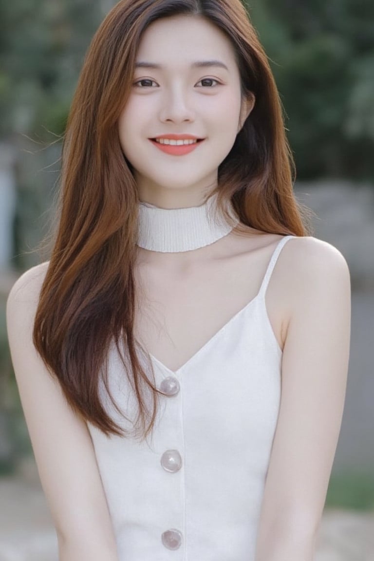 Model : Flux.1
Prompt :

a young Asian woman with long brown hair, wearing a white sleeveless blouse and a white choker around her neck. She is smiling, her lips are painted a vibrant red. Her hair cascades over her shoulders, adding a pop of color to her face. The backdrop is blurred, suggesting a natural setting.
gray bg