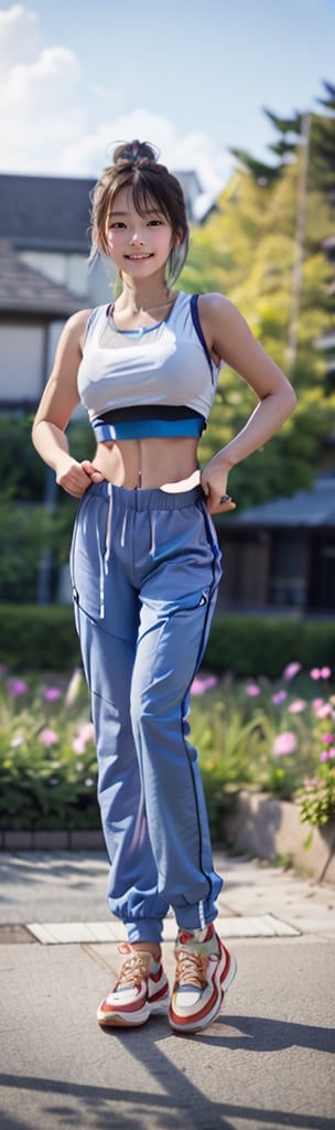 1 French-Japanese girl, full body,  small breasts, looking at viewer, blue eyes, buns hair, holding, standing, pastel tee, baggy ankle long parachute jogger pants, sneakers, sleeveless crop top, midriff ,garden background,1 girl,Sexy Pose,m1tsuk1