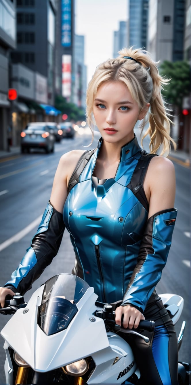 A stunning hiper-realistic supermodel with blonde hair, intense blue eyes, and a stylish blonde ponytail poses on her motorcycle, speeding along a futuristic road. Capture the cinematic excitement, dynamic POV, and extreme realism. Use top cameras (Nikon D850, Canon EOS R6 Mark II, Sony Alpha 1), varied lenses (EE 70mm, 300mm+), and aim for 4K/8K resolution for optimal detail. Emphasize the futuristic atmosphere, sleek lighting, and the high-speed glamour of the scene.,Mecha body,chinatsumura,LinkGirl,Korean