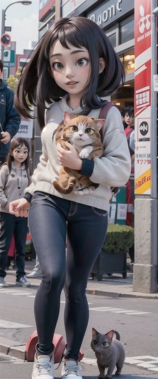 youthful chinese girl running with a cat on her shoulder,