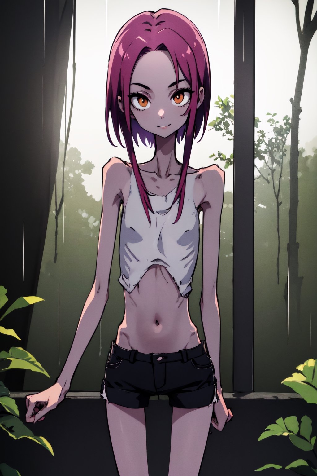 an anorexic african girl, black skin, stunningly beautiful face, stunningly beautiful skinny body, cute, happy, in a rain forest, orange belly free top and shorts, skinny tights, twilight, intimacy, soft lighting, masterpiece, best quality, high quality, highres, absurdres, very detailed, high resolution, sharp, sharp image, 8k, vivid, colorful, stunning, aesthetic