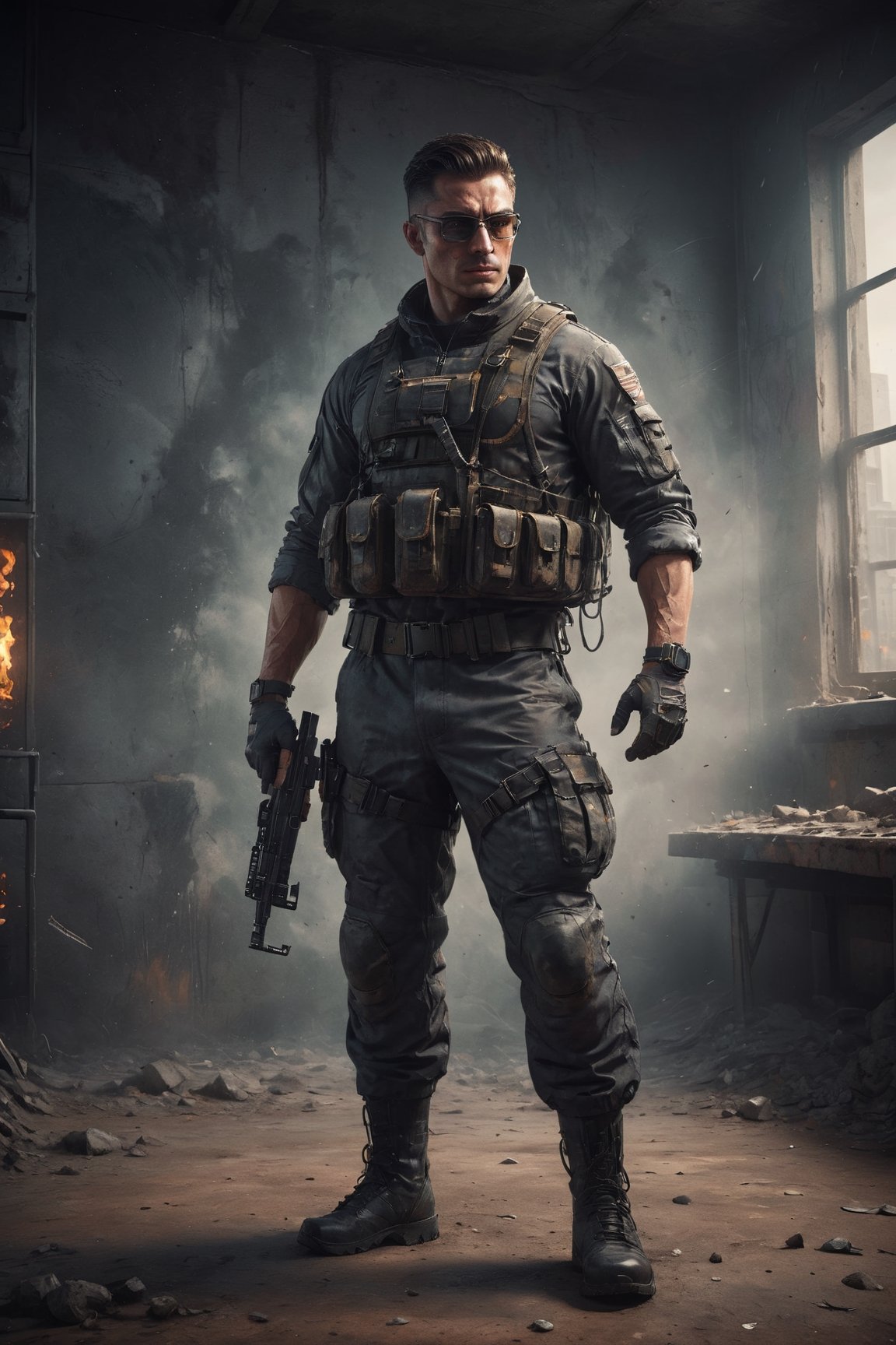 1 man , A black military uniform with a smoked glasses, a muscular body , standing by the wall with a gun in hand , 16k , black-hair  