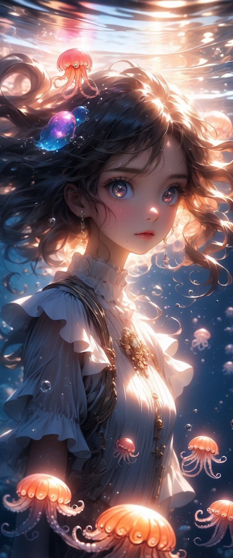 best quality,Amazing,Beautiful golden eyes,finely detail,Depth of field,extremely detailed CG unity 8k wallpaper,(1 girl :1.5),Deep sea background,jellyfish,masterpiece,fluttered detailed splashs, beautiful detailed water,cosmic eyes,Shock sensation,(realistic :0.5),octopus,original