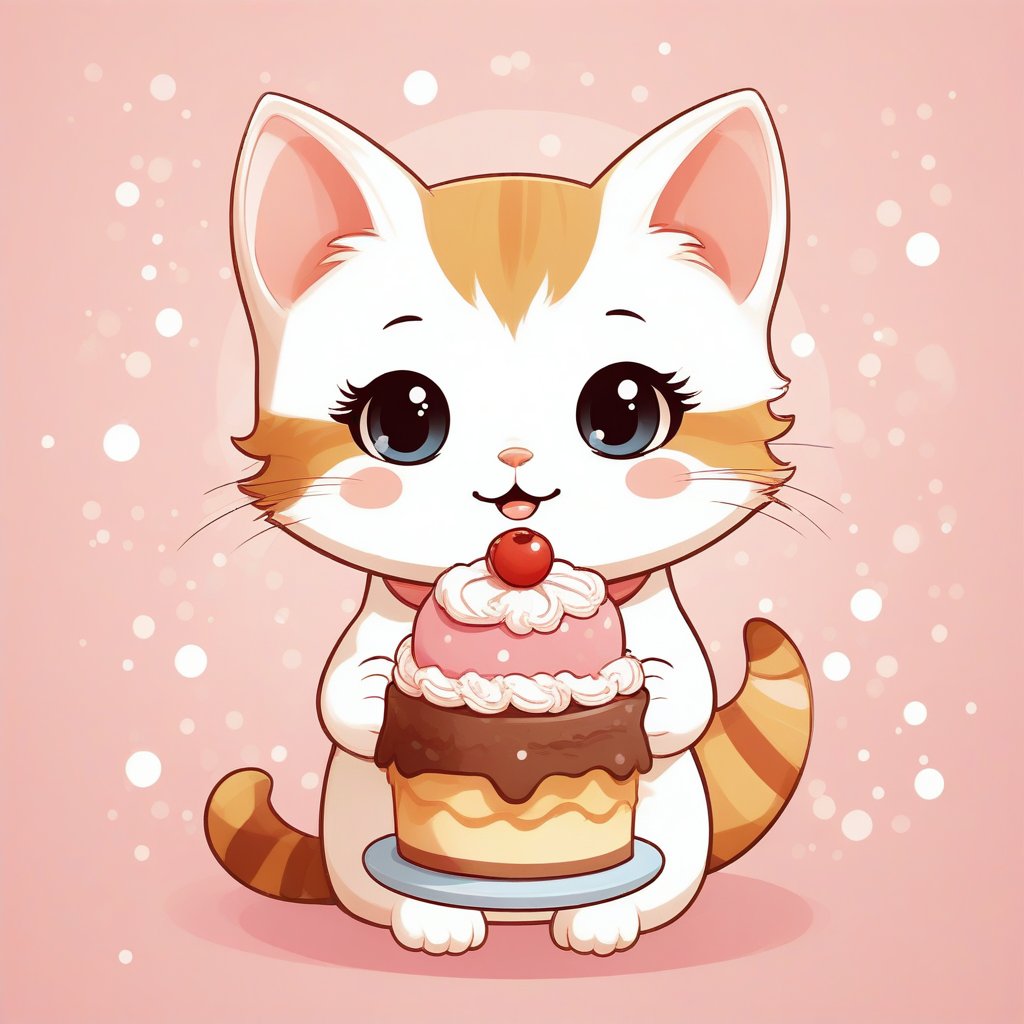 snime cute cat with cake in hands