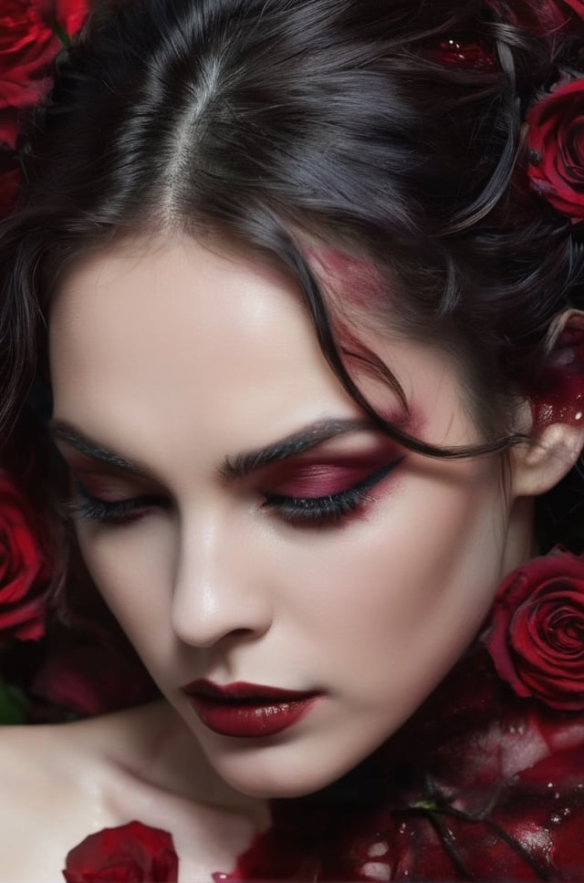 (Masterpiece, Top Quality, Absurd), ((Single Woman)), ((Vampire)), Solo, Portrait, Front-Facing Viewer, ((Tilts head forward, looking down)), (Details face), eyes closed, long black eyelashes, (beautiful blood-red thorny rose:1.2) ), red blood, smelling the scent of roses, rose thorns cut into the skin, ((blood flow) ), Gothic, Morbid, (Limited Palette: 0.8), Bloodstain, Graphic Background, More Prisms, Bright Colors, Crazy, Shining Eyes, Extra Eyes, Horror \(Theme\), Glitter,