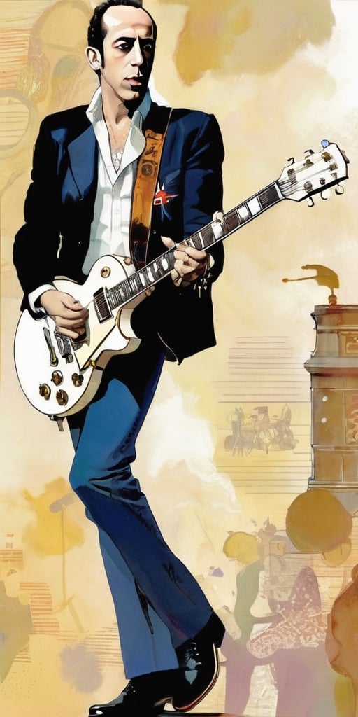 ((Portrait of Mick Jones)), ((The Clash)), London Calling, Tommy gun, slender body, muted colors, ((((white Les Paul)))), dynamic pose, digital pane ting, ((illustration depth) )), frontal image, unforgettable, very complex work, drawing style by Milo Manara, drawing style, 2D