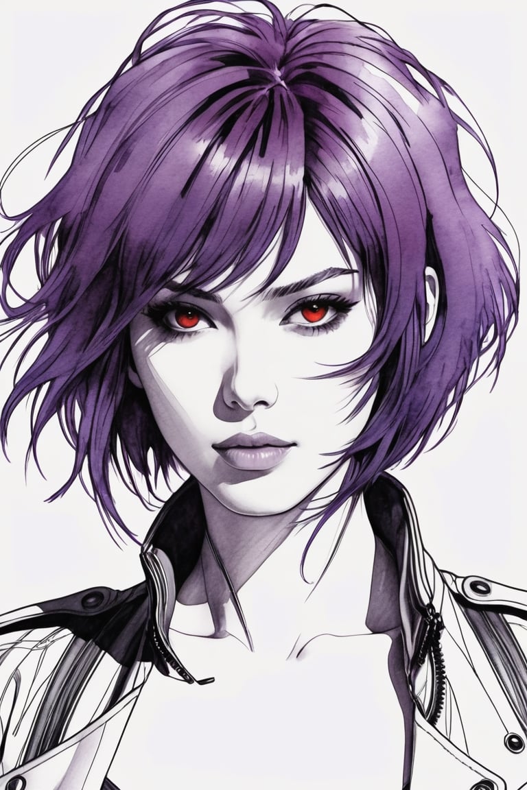 Pencil sketch of a 27-year-old beautiful Japanese-French mix woman, Motoko Kusanagi cyborg sketch, Ghost in the Shell, purple bob cut, messy hair, attractive, Charles Miano portrait, ink drawing, illustration art, soft Lighting, details, details Flowing rhythm, elegant, low contrast, adding soft blur with thin lines Lines, plump lips, ((red eyes)), black leather jacket, serious face