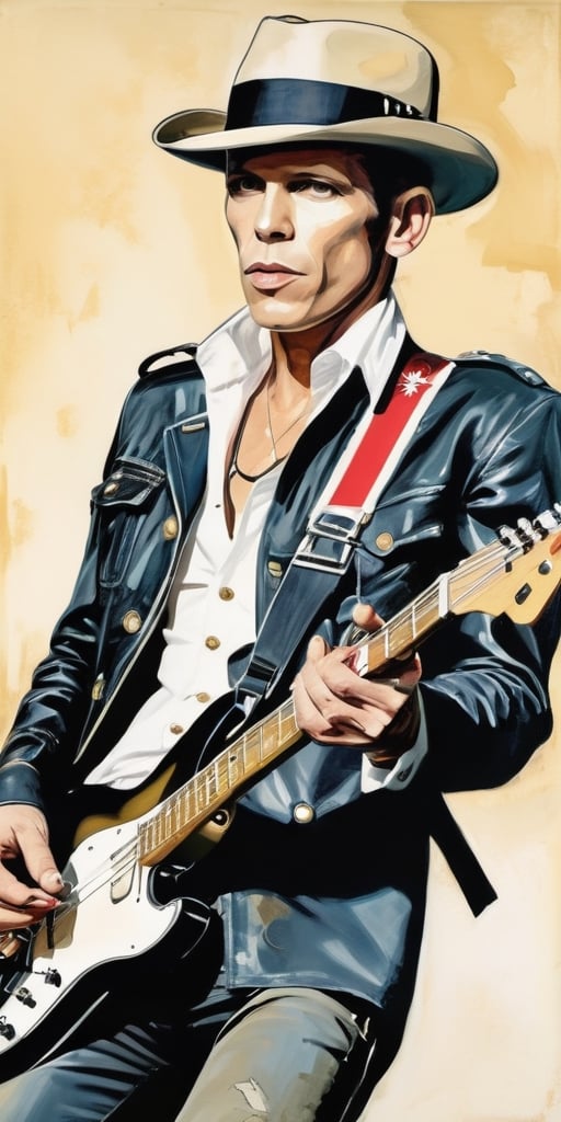 ((Portrait of Paul Simonon)), ((The Clash)), (((When he was with The Clash)), London Calling, Tommy gun, slender body, muted colors, ((((white fender) Precision-based)))), dynamic poses, digital painting, ((illustration depth) )), frontal images, unforgettable, highly complex works, drawing style by Milo Manara, drawing style, 2D