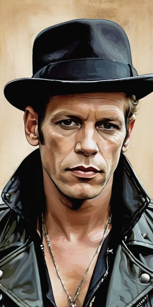 ((Portrait of Paul Simonon)), Face Portrait, ((The Clash)), (((When he was in The Clash)), ((London Calling)), Tommy Gunn, Black hat, black jacket, slender body, muted colors, digital painting, ((illustration depth) )), frontal image, haunting, very complex work, drawing style by Milo Manara, drawing style, 2D