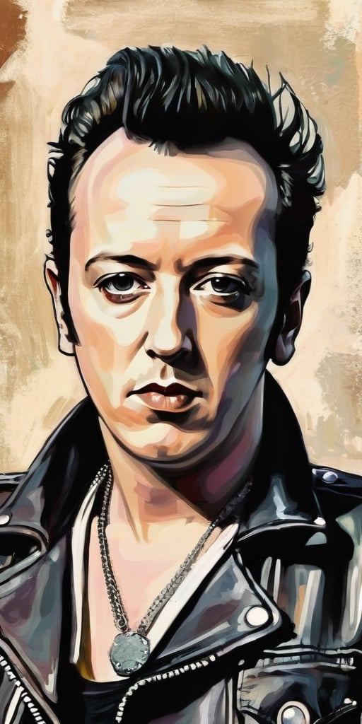 ((Portrait of Joe Strummer)), ((Portrait of a face)), Black leather jacket, The Clash, The Mescaleros, ((London Calling)), Subdued colors, Digital painting, ((Illustration) depth)), fighting pose, frontal image, unforgettable, highly complex work, drawing style, drawing style, 2D by Milo Manara ,2D